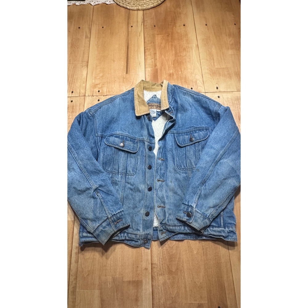 Vintage Wrangler Hero Mens Blue Denim Sherpa Lined  Jacket Corduroy Collar Large